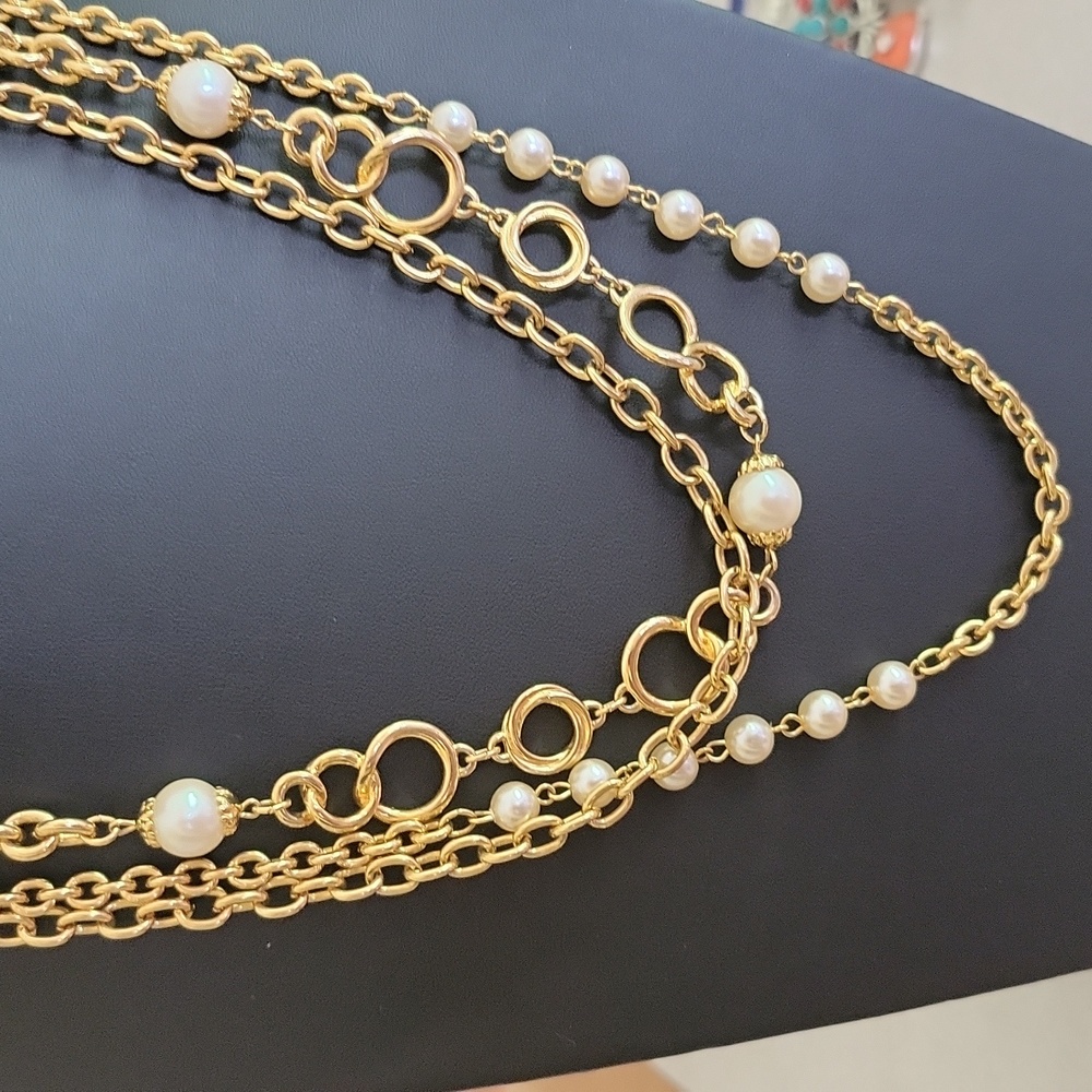 Premier Design Triple Strand Faux Pearl/Goldtone Chain Neck